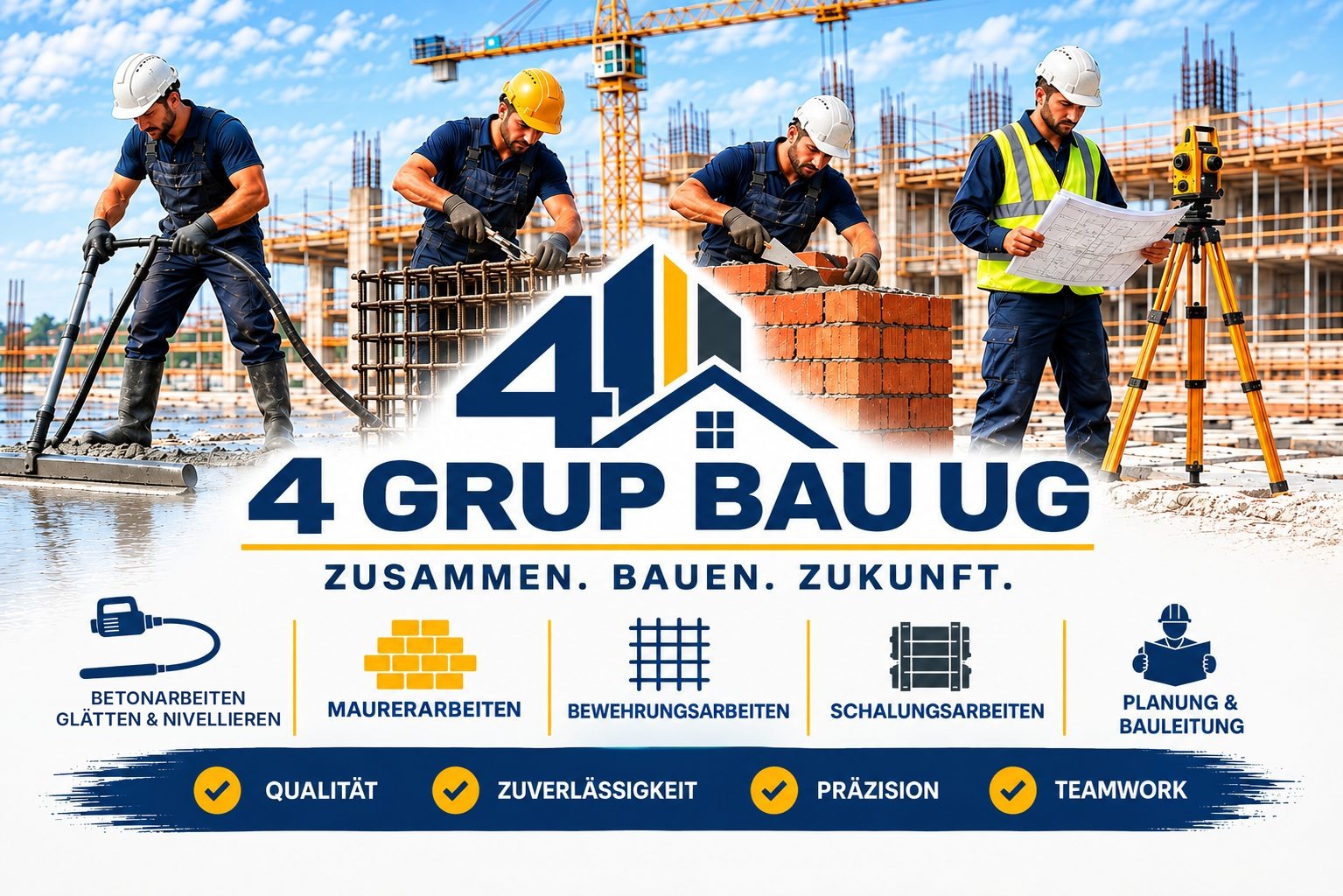 4 Grup Bau UG: vier Bauarbeiter bei Betonarbeiten, Mauerwerk, Bewehrung und Planung, darunter das Firmenlogo